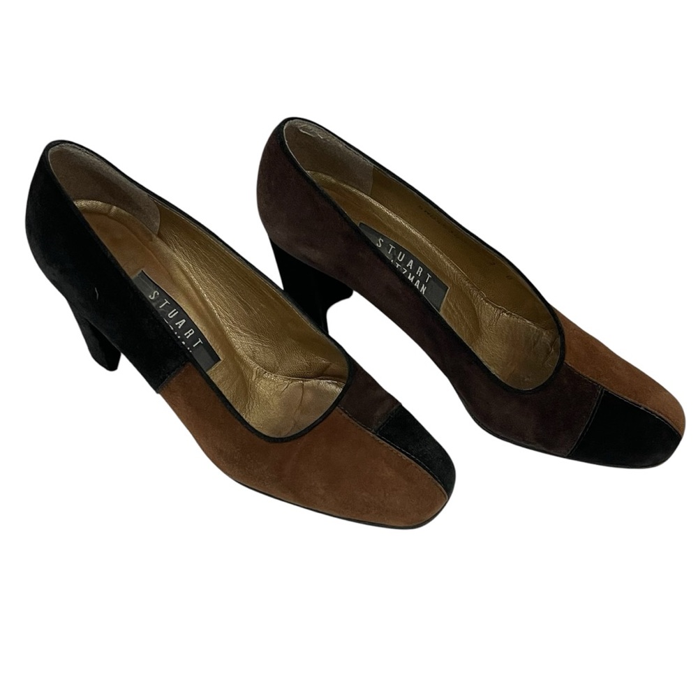 Vintage Stuart Weitzman Brown Color Block Suede Leather Heel Pumps Career Office